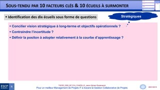 28/01/2015
THESE_EMS_BC1314_CHAPELLE_Jason-Sylvain-Soutenance
Pour un meilleur Management de Projets IT à travers la Gestion Collaborative de Projets
SOUS-TENDU PAR 10 FACTEURS CLÉS & 10 ÉCUEILS À SURMONTER
 Concilier vision stratégique à long-terme et objectifs opérationnels ?
 Contraindre l’incertitude ?
 Définir la positon à adopter relativement à la courbe d’apprentissage ?
 Manager l’exception culturelle ?
 Faire face aux facteurs humains tels que faible motivation, jalousie, égoïsme ?
 S’accorder d’un collaborateur ou partenaire « polluant » ?
 Gérer la dynamique « interpersonnelle » ?
 Réduire les coûts cachés liés à la mise en œuvre du CPM ?
 Ne pas générer un projet collaboratif bureaucratique ?
 Ne pas retomber dans l’ancienne stratégie du 'post-it’ et du ‘paper-board’ ?
8
 Identification des dix écueils sous forme de questions Stratégiques
 