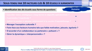 28/01/2015
THESE_EMS_BC1314_CHAPELLE_Jason-Sylvain-Soutenance
Pour un meilleur Management de Projets IT à travers la Gestion Collaborative de Projets
SOUS-TENDU PAR 10 FACTEURS CLÉS & 10 ÉCUEILS À SURMONTER
 Concilier vision stratégique à long-terme et objectifs opérationnels ?
 Contraindre l’incertitude ?
 Définir la positon à adopter relativement à la courbe d’apprentissage ?
 Manager l’exception culturelle ?
 Faire face aux facteurs humains tels que faible motivation, jalousie, égoïsme ?
 S’accorder d’un collaborateur ou partenaire « polluant » ?
 Gérer la dynamique « interpersonnelle » ?
 Réduire les coûts cachés liés à la mise en œuvre du CPM ?
 Ne pas générer un projet collaboratif bureaucratique ?
 Ne pas retomber dans l’ancienne stratégie du 'post-it’ et du ‘paper-board’ ?
8
 Identification des dix écueils sous forme de questions Humains
 
