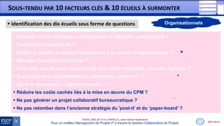 28/01/2015
THESE_EMS_BC1314_CHAPELLE_Jason-Sylvain-Soutenance
Pour un meilleur Management de Projets IT à travers la Gestion Collaborative de Projets
SOUS-TENDU PAR 10 FACTEURS CLÉS & 10 ÉCUEILS À SURMONTER
 Concilier vision stratégique à long-terme et objectifs opérationnels ?
 Contraindre l’incertitude ?
 Définir la positon à adopter relativement à la courbe d’apprentissage ?
 Manager l’exception culturelle ?
 Faire face aux facteurs humains tels que faible motivation, jalousie, égoïsme ?
 S’accorder d’un collaborateur ou partenaire « polluant » ?
 Gérer la dynamique « interpersonnelle » ?
 Réduire les coûts cachés liés à la mise en œuvre du CPM ?
 Ne pas générer un projet collaboratif bureaucratique ?
 Ne pas retomber dans l’ancienne stratégie du 'post-it’ et du ‘paper-board’ ?
8
 Identification des dix écueils sous forme de questions Organisationnels
 