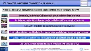 28/01/2015
THESE_EMS_BC1314_CHAPELLE_Jason-Sylvain-Soutenance
Pour un meilleur Management de Projets IT à travers la Gestion Collaborative de Projets
CE CONCEPT INNOVANT CONFORTÉ « IN VIVO »…
 Des modèles d’un écosystème diversifié appliquant les divers concepts du CPM
10
Cisco, la capitalisation via le réseau et l’utilisation d’outils adéquats
La SCOP, modèle de communication transverse
Les Socis, organisation fondamentalement collaborative
Emmaüs, le Projet Collaboratif pour le bien-être de tous
La Démocratie Athénienne ou le collaboratif au service de tous
Les Laboratoires de Recherche, comment collaborer avec un partenaire
 