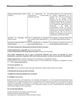 40 GACETA OFICIAL DE LA CIUDAD DE MÉXICO 2 de Junio de 2016
Órganos Jurisdiccionales Locales y
Federales.
Para la sustanciación de los
procedimientos jurisdiccionales
tramitados ante ellos.
En los artículos 75, 121 y 143 de la Ley
de Amparo, Reglamentaria de los
artículos 103 y 107 de la Constitución
Política de los Estados Unidos
Mexicanos; 96, 109, 278, 288 y 331 del
Código de Procedimientos Civiles para
el Distrito Federal; 191 fracción XIX de
la Ley Orgánica del Poder Judicial de la
Federación; 3 del Código de
Procedimientos Penales del Distrito
Federal; 55 de la Ley de Procedimiento
Administrativo del Distrito Federal; 85
fracción XI, 86, 108, 112 de la Ley
Orgánica del Tribunal de lo Contencioso
Administrativo del Distrito Federal.
Secretaría de Movilidad del
Distrito Federal.
Para la identificación de operadores
que comentan faltas administrativas e
ilícitos.
En el artículo 12, fracción XXXV de la
Ley de Movilidad del Distrito Federal.
Secretaría de Seguridad Pública del
Distrito Federal.
Para la identificación de operadores
que comentan algún ilícito.
En el artículo 13, fracción VI de la Ley
de Movilidad del Distrito Federal.
VII Unidad Administrativa Responsable del Sistema de Datos Personales:
Unidad Administrativa responsable: Dirección de Movilidad.
Cargo del Responsable del Sistema de Datos Personales: Director (a) de Movilidad.
VIII Unidad Administrativa ante la cual se presentarán solicitudes para ejercer los derechos de Acceso,
Rectificación, cancelación y Oposición (ARCO) de los datos personales; así como, la renovación del consentimiento.
Unidad Administrativa: Unidad de Transparencia de la Delegación La Magdalena Contreras.
Domicilio Oficial y correo electrónico: Río Blanco número 9, Colonia Barranca Seca, Delegación La Magdalena Contreras,
C. P. 10580, oip@mcontreras.gob.mx.
IX Nivel de seguridad: Alto.
SEGUNDO. Se crea el Sistema de Datos Personales identificado “Padrón de Movilizadores de Vialidad”.
I. Identificación del sistema de Datos Personales
“PADRÓN DE MOVILIZADORES DE VIALIDAD”
II. Finalidad o uso previsto.
Recabar documentación y dar seguimiento a las solicitudes de integración a la Acción Institucional denominada Apoyo
Comunitario que se implementa para promover la participación de las personas que habitan en la demarcación para la
realización de actividades en beneficio de la comunidad a través de acciones enfocadas al mejoramiento de movilidad,
mediante la entrega de los apoyos señalados en los Lineamientos vigentes, así como el establecimiento de mecanismos de
control para la integración de los expedientes.
III. Normatividad aplicable:
Constitución Política de los Estados Unidos Mexicanos.
Estatuto de Gobierno del Distrito Federal.
Ley Orgánica de la Administración Pública del Distrito Federal.
 