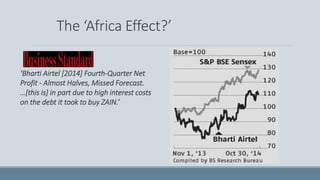 The ‘Africa Effect?’
‘Bharti Airtel [2014] Fourth-Quarter Net
Profit - Almost Halves, Missed Forecast.
…[this is] in part due to high interest costs
on the debt it took to buy ZAIN.’
 