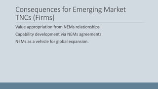 Consequences for Emerging Market
TNCs (Firms)
Value appropriation from NEMs relationships
Capability development via NEMs agreements
NEMs as a vehicle for global expansion.
 
