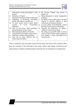 Report on Training Sessions on Gender Sensitization
for Nazims & Naib Nazims at UC Level
8
Prepared By: Zafar Ahmad – RA, WPS Project
participation during proceedings of the
session.
iv. Definition of Gender
v. Importance of statistical data in planning
vi. Importance of developing community
profile with respect to gender eye.
vii. To some extent, come to know about
sections of Local Government
Ordinance.
viii. How we can ensure 100% attendance
and participation in the council.
ix. Role and responsibilities of Nazims.
x. Ground-Rules and Norms of the session
xi. Importance of Basic Human Rights
xii. How can we make effective role of
monitoring committees
d. By decision making with respect to
gender eye
e. Being transparent in funds, implantation
of project
f. By taking women participation and their
opinion in decision making to plan
community development projects.
g. In every sphere of development, women
priorities would be given importance.
h. Ensuring the observance of Zabta-e-
Akhlaq in council proceedings.
i. By doing every possible effort to ensure
access of basic human needs, keeping in
view quality, to every individual in the
union council.
There is noting but only true picture portrayed from black and white on the evaluation taken
form the viewpoint of the participants; that clearly reflects their change of behaviour and
determination to modify and determination to take due care in development on gender basis.
 