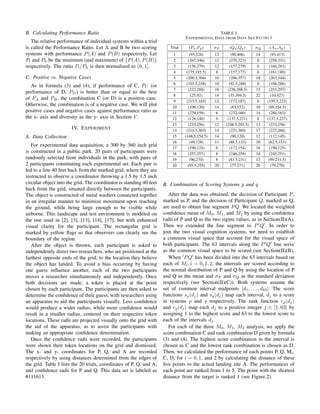 B. Calculating Performance Ratio
The relative performance of individual systems within a trial
is called the Performance Ratio. Let A and B be two scoring
systems with performance P(A) and P(B) respectively. Let
Pl and Ph be the minimum (and maximum) of {P(A), P(B)}
respectively. The ratio Pl/Ph is then normalized to (0, 1].
C. Positive vs. Negative Cases
As in formula (3) and (4), if performance of C, PC (or
performance of D, PD) is better than or equal to the best
of PA and PB, the combination C (or D) is a positive case.
Otherwise, the combination is of a negative case. We will plot
positive cases and negative cases against performance ratio as
the x- axis and diversity as the y- axis in Section V .
IV. EXPERIMENT
A. Data Collection
For experimental data acquisition, a 300 by 360 inch grid
is constructed in a public park. 20 pairs of participants were
randomly selected from individuals in the park, with pairs of
2 participants constituting each experimental set. Each pair is
led to a line 40 feet back from the marked grid, where they are
instructed to observe a coordinator throwing a 1.5 by 1.5 inch
circular object into the grid. The coordinator is standing 40 feet
back from the grid, situated directly between the participants.
The object is constructed of metal washers connected together
in an irregular manner to minimize movement upon reaching
the ground, while being large enough to be visible while
airborne. This landscape and test environment is modeled on
the one used in [2], [3], [13], [14], [17], but with enhanced
visual clarity for the participant. The rectangular grid is
marked by yellow ﬂags so that observers can clearly see the
boundary of the region.
After the object is thrown, each participant is asked to
independently direct two researchers, who are positioned at the
farthest opposite ends of the grid, to the location they believe
the object has landed. To avoid a bias occurring by having
one guess inﬂuence another, each of the two participants
moves a researcher simultaneously and independently. Once
both decisions are made, a token is placed at the point
chosen by each participant. The participants are then asked to
determine the conﬁdence of their guess, with researchers using
an apparatus to aid the participants visually. Less conﬁdence
would produce a wider radius, while more conﬁdence would
result in a smaller radius, centered on their respective token
locations. These radii are projected visually onto the grid with
the aid of the apparatus, as to assist the participants with
making an appropriate conﬁdence determination.
Once the conﬁdence radii were recorded, the participants
were shown their token locations on the grid and dismissed.
The x- and y- coordinates for P, Q, and A are recorded
respectively by using distances determined from the edges of
the grid. Table I lists the 20 trials, coordinates of P, Q, and A,
and conﬁdence radii for P and Q. This data set is labeled as
#111613.
TABLE I
EXPERIMENTAL DATA FROM DATA SET #111613
Trial (Px,Py) σP (Qx,Qy) σQ (Ax,Ay)
1 (95,326) 12 (90,406) 14 (93,413)
2 (267,346) 12 (270,323) 8 (258,331)
3 (156,279) 12 (157,279) 6 (166,283)
4 (175,185.5) 8 (157,177) 6 (161,180)
5 (200.5,304) 16 (206,357) 18 (203,344)
6 (101.5,258) 10 (92.5,288) 8 (108,288)
7 (232,288) 10 (238,298.5) 15 (253,297)
8 (25,92) 14 (35,394.5) 22 (10,427)
9 (215.5,165) 12 (172,187) 8 (159.5,222)
10 (106,120) 14 (83,152) 10 (88,154.5)
11 (279,158) 6 (272,160) 14 (284,163)
12 (128,148) 9 (137.5,221) 8 (137.5,227)
13 (233,256) 12 (248.5,201.5) 12 (233,256)
14 (214.5,363) 14 (221,360) 17 (227,266)
15 (148.5,154.5) 14 (90,120) 12 (112,145)
16 (49,128) 11 (88.5,133) 10 (62.5,153)
17 (190,124) 6 (172,154) 16 (190,125)
18 (257,257) 8 (246,258) 14 (245,251)
19 (96,270) 8 (83.5,231) 12 (99,231.5)
20 (95.5,255) 20 (77,271) 20 (79,270)
B. Combination of Scoring Systems p and q
After the data was obtained, the decision of Participant P,
marked as P, and the decision of Participant Q, marked as Q,
are used to obtain line segment PQ. We located the weighted
conﬁdence mean of M0, M1, and M2 by using the conﬁdence
radii of P and Q as the two sigma values, as in Section(II)(A).
Then we extended the line segment to P Q . In order to
join the two visual cognition systems, we need to establish
a common visual space that account for the visual space of
both participants. The 63 intervals along the P Q line serve
as the common visual space to be scored (see Section(II)(B).
When PQ has been divided into the 63 intervals based on
each of Mi, i = 0, 1, 2, the intervals are scored according to
the normal distribution of P and Q by using the location of P
and Q as the mean and σP and σQ as the standard deviation
respectively (see Section(II)(C)). Both systems assume the
set of common interval midpoints [d1, . . . , d63]. The score
functions sp(dj) and sq(dj) map each interval, dj to a score
in systems p and q respectively. The rank function rp(dj)
and rq(dj) map each dj to a positive integer j ∈ [1, 63] by
assigning 1 to the highest score and 63 to the lowest score to
each of the intervals dj.
For each of the three M0, M1, M2 analysis, we apply the
score combination C and rank combination D given by formula
(3) and (4). The highest score combination in the interval is
chosen as C and the lowest rank combination is chosen as D.
Then, we calculated the performance of each points P, Q, Mi,
C, D, for i = 0, 1, and 2 by calculating the distance of these
ﬁve points to the actual landing site A. The performances of
each point are ranked from 1 to 5. The point with the shortest
distance from the target is ranked 1 (see Figure.2).
 