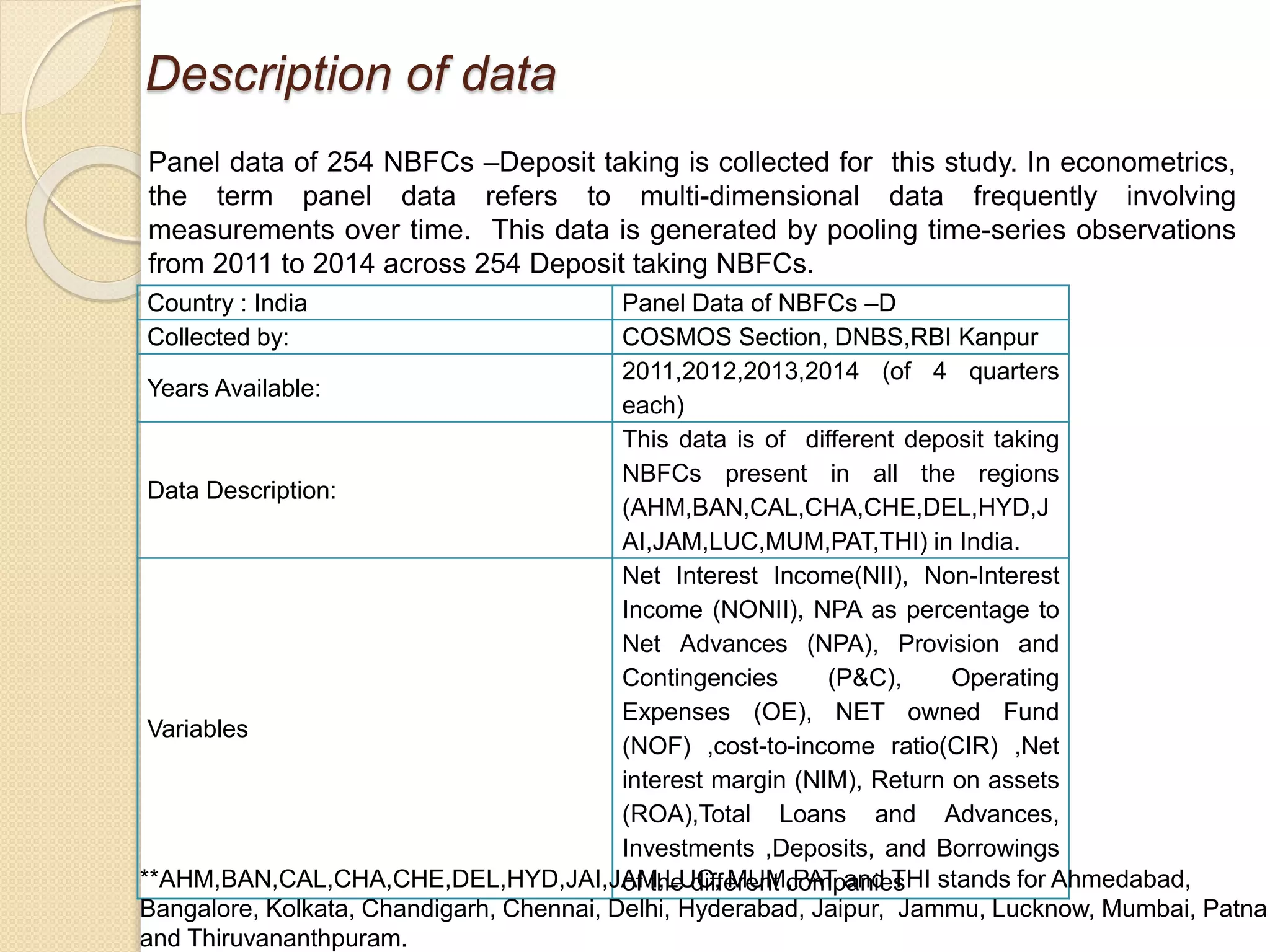 Description of data
Panel data of 254 NBFCs –Deposit taking is collected for this study. In econometrics,
the term panel data refers to multi-dimensional data frequently involving
measurements over time. This data is generated by pooling time-series observations
from 2011 to 2014 across 254 Deposit taking NBFCs.
Country : India Panel Data of NBFCs –D
Collected by: COSMOS Section, DNBS,RBI Kanpur
Years Available:
2011,2012,2013,2014 (of 4 quarters
each)
Data Description:
This data is of different deposit taking
NBFCs present in all the regions
(AHM,BAN,CAL,CHA,CHE,DEL,HYD,J
AI,JAM,LUC,MUM,PAT,THI) in India.
Variables
Net Interest Income(NII), Non-Interest
Income (NONII), NPA as percentage to
Net Advances (NPA), Provision and
Contingencies (P&C), Operating
Expenses (OE), NET owned Fund
(NOF) ,cost-to-income ratio(CIR) ,Net
interest margin (NIM), Return on assets
(ROA),Total Loans and Advances,
Investments ,Deposits, and Borrowings
of the different companies**AHM,BAN,CAL,CHA,CHE,DEL,HYD,JAI,JAM,LUC, MUM,PAT and THI stands for Ahmedabad,
Bangalore, Kolkata, Chandigarh, Chennai, Delhi, Hyderabad, Jaipur, Jammu, Lucknow, Mumbai, Patna
and Thiruvananthpuram.
 