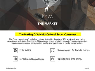 The "new mainstream" includes, but not limited to largely of African-Americans, Latino
Americans, and Asian-Americans. This growing group (majority-minority) has an expansive
buying power, unique consumption habits, and over index in media consumption.
THE MARKET
The Making Of A Multi-Cultural Super Consumer.
120M in U.S.
$1 Trillion in Buying Power
Strong support for favorite brands.
Spends more time online.
#followthegiraffe Page: 8
 