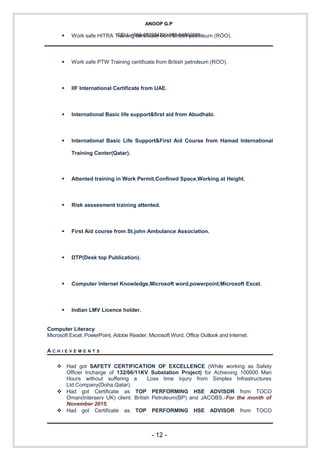 ANOOP G.P
CELL:+968-26292422/+968-94862829 Work safe HITRA Training certificate from British petroleum (ROO).
 Work safe PTW Training certificate from British petroleum (ROO).
 IIF International Certificate from UAE.
 International Basic life support&first aid from Abudhabi.
 International Basic Life Support&First Aid Course from Hamad International
Training Center(Qatar).
 Attented training in Work Permit,Confined Space,Working at Height.
 Risk asssesment training attented.
 First Aid course from St.john Ambulance Association.
 DTP(Desk top Publication).
 Computer Internet Knowledge,Microsoft word,powerpoint,Microsoft Excel.
 Indian LMV Licence holder.
Computer Literacy
Microsoft Excel, PowerPoint, Adobe Reader, Microsoft Word, Office Outlook and Internet.
A C H I E V E M E N T S
 Had got SAFETY CERTIFICATION OF EXCELLENCE (While working as Safety
Officer Incharge of 132/66/11KV Substation Project) for Achieving 100000 Man
Hours without suffering a Loss time injury from Simplex Infrastructures
Ltd.Company(Doha,Qatar).
 Had got Certificate as TOP PERFORMING HSE ADVISOR from TOCO
Oman(Interserv UK) client: British Petroleum(BP) and JACOBS.-For the month of
November 2015.
 Had got Certificate as TOP PERFORMING HSE ADVISOR from TOCO
- 12 -
 