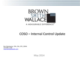COSO – Internal Control Update
May 2014
Ron Steinkamp, CPA, CIA, CFE, CRMA
314.983.1238
rsteinkamp@bswllc.com
 