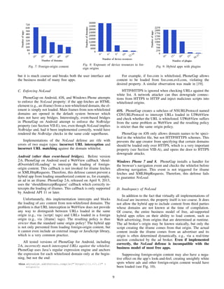 Fig. 7: Foreign-origin content
Fig. 8: Exposure of device resources to for-
eign origins
Fig. 9: Hybrid apps with plugins
but it is much coarser and breaks both the user interface and
the business model of many free apps.
C. Enforcing NoLoad
PhoneGap on Android, iOS, and Windows Phone attempts
to enforce the NoLoad property: if the app fetches an HTML
element (e.g., an iframe) from a non-whitelisted domain, the el-
ement is simply not loaded. Main frames from non-whitelisted
domains are opened in the default system browser which
does not have any bridges. Interestingly, event-based bridges
in PhoneGap on Android attempt to enforce the NoBridge
property (see Section VII-E), too, even though NoLoad implies
NoBridge and, had it been implemented correctly, would have
rendered the NoBridge checks in the same code superﬂuous.
Implementations of the NoLoad defense are rife with
errors of two major types: incorrect URL interception and
incorrect URL matching against the domain whitelist.
Android (other than event-based bridges). Before version
2.6, PhoneGap on Android used a WebView callback ‘shoul-
dOverrideUrlLoading’ to intercept the loading of foreign-
origin content. This callback is not invoked for iframe fetches
or XMLHttpRequests. Therefore, this defense cannot prevent a
hybrid app from loading unauthorized content as, for example,
an ad in an iframe. PhoneGap 2.6, released on April 9, 2013,
uses the ‘shouldInterceptRequest’ callback which correctly in-
tercepts the loading of iframes. This callback is only supported
by Android API 11 or later.
Unfortunately, this implementation intercepts and blocks
the loading of any content from non-whitelisted domains. The
problem is that URL interception in WebView does not provide
any way to distinguish between URLs loaded in the same
origin (e.g., via script tags) and URLs loaded in a foreign
origin (e.g., via iframe tags). The resulting policy is thus
stricter than the standard same origin policy! The hybrid app
is not only prevented from loading foreign-origin content, but
it cannot even include an external image or JavaScript library,
which is a very common practice.
All tested versions of PhoneGap for Android, including
2.6, incorrectly match intercepted URLs against the whitelist.
PhoneGap uses Java’s regular expression engine and anchors
the expression for each whitelisted domain only at the begin-
ning, but not the end:
this.whiteList.add(Pattern.compile("ˆhttps?://(.*.)?" +
origin));
For example, if foo.com is whitelisted, PhoneGap allows
content to be loaded from foo.com.evil.com, violating the
desired property. A similar observation was made in [19].
HTTP/HTTPS is ignored when checking URLs against the
white list. A network attacker can thus downgrade connec-
tions from HTTPS to HTTP and inject malicious scripts into
whitelisted origins.
iOS. PhoneGap creates a subclass of NSURLProtocol named
CDVURLProtocol to intercept URLs loaded in UIWebView
and check whether the URL is whitelisted. UIWebView suffers
from the same problem as WebView and the resulting policy
is stricter than the same origin policy.
PhoneGap on iOS only allows domain names to be speci-
ﬁed in the whitelist ﬁle, but not HTTP/HTTPS schemes. This
prevents the app creator from specifying that certain domains
should be loaded only over HTTPS, which is a very important
property (see Section VIII-A), and opens the door to HTTPS
downgrade attacks.
Windows Phone 7 and 8. PhoneGap installs a handler for
the browser’s navigation event and checks the whitelist before
allowing navigation. This event is not triggered for iframe
fetches and XMLHttpRequests. Therefore, this defense fails
to guarantee NoLoad.
D. Inadequacy of NoLoad
In addition to the fact that virtually all implementations of
NoLoad are incorrect, the property itself is too coarse. It does
not allow the hybrid app to include content from third parties
whose domains are not known at the time of compilation.
Of course, the entire business model of free, ad-supported
hybrid apps relies on their ability to load content, such as
Web advertising, from origins that are determined at runtime.
The ad broker’s origin may be known statically, but only the
script creating the iframe comes from that origin. The actual
content inside the iframe comes from an advertiser and its
origin is often determined dynamically, e.g., via a real-time
auction conducted by the ad broker. Even if implemented
correctly, the NoLoad defense is incompatible with the
business model of most free apps.
Suppressing foreign-origin content may also have a nega-
tive effect on the app’s look-and-feel, creating unsightly white
spots where ads and other foreign-origin content would have
been loaded (see Fig. 10).
9
 