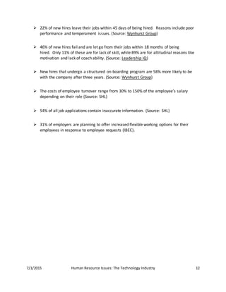 7/1/2015 Human Resource Issues: The Technology Industry 12
 22% of new hires leave their jobs within 45 days of being hired. Reasons include poor
performance and temperament issues. (Source: Wynhurst Group)
 46% of new hires fail and are let go from their jobs within 18 months of being
hired. Only 11% of these are for lack of skill, while 89% are for attitudinal reasons like
motivation and lack of coach ability. (Source: Leadership IQ)
 New hires that undergo a structured on-boarding program are 58% more likely to be
with the company after three years. (Source: Wynhurst Group)
 The costs of employee turnover range from 30% to 150% of the employee’s salary
depending on their role (Source: SHL)
 54% of all job applications contain inaccurate information. (Source: SHL)
 31% of employers are planning to offer increased flexible working options for their
employees in response to employee requests (IBEC).
 