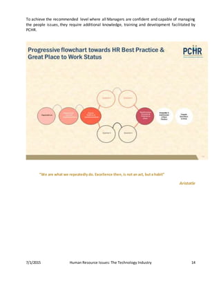 7/1/2015 Human Resource Issues: The Technology Industry 14
To achieve the recommended level where all Managers are confident and capable of managing
the people issues, they require additional knowledge, training and development facilitated by
PCHR.
“We are what we repeatedly do. Excellence then, is not an act, but a habit”
Aristotle
 