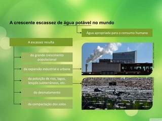 A crescente escassez de água potável no mundo 
Água apropriada para o consumo humano 
A escassez resulta 
do grande crescimento 
populacional 
da expansão industrial e urbana 
da poluição de rios, lagos, 
lençóis subterrâneos, etc. 
do desmatamento 
da compactação dos solos 
APU GOMES / FOLHAPRESS DAVID GRAY / REUTERS / LATINSTOCK 
 