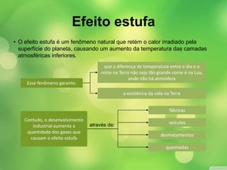 Efeito estufa 
• O efeito estufa é um fenômeno natural que retém o calor irradiado pela 
superfície do planeta, causando um aumento da temperatura das camadas 
atmosféricas inferiores. 
Contudo, o desenvolvimento 
industrial aumenta a 
quantidade dos gases que 
causam o efeito estufa 
fábricas 
veículos 
desmatamentos 
queimadas 
através de: 
Esse fenômeno garante: 
que a diferença de temperatura entre o dia e a 
noite na Terra não seja tão grande como é na Lua, 
onde não há atmosfera 
a existência da vida na Terra 
 