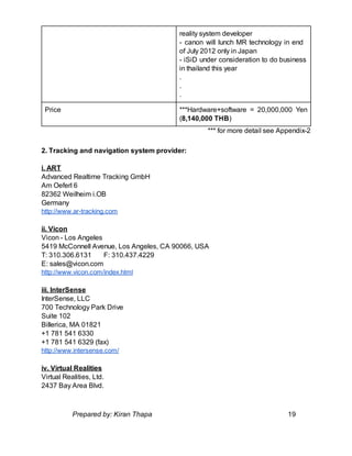 reality system developer
- canon will lunch MR technology in end
of July 2012 only in Japan
- iSiD under consideration to do business
in thailand this year
.
.
.
Price ***Hardware+software = 20,000,000 Yen
(8,140,000 THB)
*** for more detail see Appendix-2
2. Tracking and navigation system provider:
i. ART
Advanced Realtime Tracking GmbH
Am Oeferl 6
82362 Weilheim i.OB
Germany
http://www.ar-tracking.com
ii. Vicon
Vicon - Los Angeles
5419 McConnell Avenue, Los Angeles, CA 90066, USA
T: 310.306.6131 F: 310.437.4229
E: sales@vicon.com
http://www.vicon.com/index.html
iii. InterSense
InterSense, LLC
700 Technology Park Drive
Suite 102
Billerica, MA 01821
+1 781 541 6330
+1 781 541 6329 (fax)
http://www.intersense.com/
iv. Virtual Realities
Virtual Realities, Ltd.
2437 Bay Area Blvd.
Prepared by: Kiran Thapa 19
 