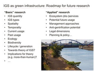 IGS as green infrastructure: Roadmap for future research
“Basic” research
• IGS quantity
• IGS types
• Spatiality
• Tempor...
