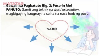 Gawain sa Pagkatuto Blg. 2: Puso-in Mo!
PANUTO: Gamit ang teknik na word association,
magbigay ng kaugnay na salita na nasa loob ng puso.
 