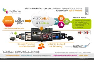 COMPREHENSIVE FULL SOLUTION FOR DISTRIBUTION, PUBLISHING &
                                                                               MONETIZATION OF DIGITAL CONTENTS



                                                                                                             MONETIZATION

       CONTENTS                                                                                             •   Advertising / Sponsorship
                                                                                                            •   Pay Per View (PPV)
                                                                                                            •   Subscription, OTT, TVE
                                                                                                            •   Calls To Action
                                                                                                            •   e-Commerce
    Video Audio Images Text Other




                        Content Protection                         Video On Demand
                         Multi-device DRM                          LIVE Streaming                            Cloud Video Encoding Service



  SaaS Model - SOFTWARE AS A SERVICE                                          6.100+ customers – 60+ countires – Since 2004 – Nasdaq Listed

        Constant Innovation   Time To Market   Elimination of Complexity   Powerful Flexible & Open Platforms           Global Scale

Confidential |                                                                                                          © 2012 Brightcove Inc.   11
 