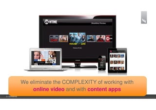We eliminate the COMPLEXITY of working with
                       online video and with content apps
3 | Confidential
 