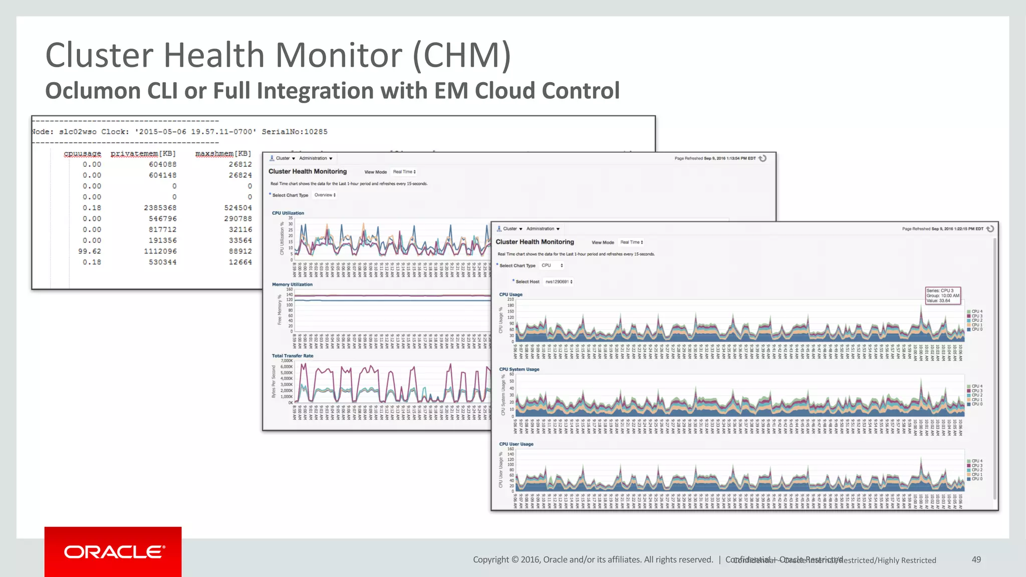 Copyright	©	2016, Oracle	and/or	its	affiliates.	All	rights	reserved.		| 49
Oclumon CLI	or	Full	Integration	with	EM	Cloud	Control
Cluster	Health	Monitor	(CHM)
Confidential	– Oracle	Internal/Restricted/Highly	RestrictedConfidential	– Oracle	Restricted
 