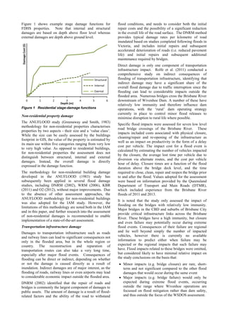 Figure 1 shows example stage damage functions for
FDHS properties. Note that internal and structural
damages are based on depth above floor level whereas
external damages are depth above ground level.
Figure 1 Residential stage-damage functions
Non-residential property damage
The ANUFLOOD study (Greenaway and Smith, 1983)
methodology for non-residential properties characterises
properties by two aspects - their size and a ‘value class’.
While the size can be easily assessed by the buildings
footprint in GIS, the value of the property is estimated by
its main use within five categories ranging from very low
to very high value. As opposed to residential buildings,
for non-residential properties the assessment does not
distinguish between structural, internal and external
damages. Instead, the overall damage is directly
expressed in the damage function.
The methodology for non-residential building damage
developed in the ANUFLOOD (1983) study has
subsequently been applied in several flood damage
studies, including DNRM (2002), WRM (2006), KBR
(2011) and O2 (2012), without major improvements. Due
to the absence of other assessment approaches, the
ANUFLOOD methodology for non-residential buildings
was also adopted for the IAM study. However, the
limitations of this methodology are noted both in the IAM
and in this paper, and further research into the assessment
of non-residential damages is recommended to enable
implementation of a state-of-the-art assessment.
Transportation infrastructure damage
Damages to transportation infrastructure such as roads
and railway lines can lead to significant consequences not
only in the flooded area, but in the whole region or
country. The reconstruction and reparation of
transportation routes can also take a very long time,
especially after major flood events. Consequences of
flooding can be direct or indirect, depending on whether
or not the damage is caused directly as a result of
inundation. Indirect damages are of major interest, as the
flooding of roads, railway lines or even airports may lead
to considerable economic impact outside the flooded area.
DNRM (2002) identified that the repair of roads and
bridges is commonly the largest component of damages to
public assets. The amount of damage is a result of flood-
related factors and the ability of the road to withstand
flood conditions, and needs to consider both the initial
repair costs and the possibility of a significant reduction
in the overall life of the road surface. The DNRM method
provides typical damage rates per kilometre of road
inundated based on studies completed following floods in
Victoria, and includes initial repairs and subsequent
accelerated deterioration of roads (i.e. reduced pavement
life) and initial repairs and subsequent additional
maintenance required by bridges.
Direct damage is only one component of transportation
infrastructure impact. Rolfe et al. (2011) conducted a
comprehensive study on indirect consequences of
flooding of transportation infrastructure, identifying that
indirect damage may have a significant share of the
overall flood damage due to traffic interruption since the
flooding can lead to considerable impacts outside the
flooded area. Numerous bridges cross the Brisbane River
downstream of Wivenhoe Dam. A number of these have
relatively low immunity and therefore influence dam
operations, with the ‘rural’ dam operating strategy
currently in place to control minor flood releases to
minimise disruption to rural life where possible.
Specific flood impacts were assessed for seven low level
road bridge crossings of the Brisbane River. These
impacts included costs associated with physical closure,
cleaning/repair and re-opening of the infrastructure as
well as an impact on productivity in the form of a delay
cost per vehicle. The impact cost for a flood event is
calculated by estimating the number of vehicles impacted
by the closure, the average lost time per vehicle due to
diversion via alternate routes, and the cost per vehicle
hour of delay. Closure times are a function of the flood
duration above the bridge deck level, and the time
required to close, clean, repair and reopen the bridge prior
to and after the flood. Values adopted for the assessment
were based on information provided by the Queensland
Department of Transport and Main Roads (DTMR),
which included experience from the Brisbane River
floods of 2011 and 2013.
It is noted that the study only assessed the impact of
flooding on the bridges with relatively low immunity.
Major bridges in the CBD and suburbs of Brisbane City
provide critical infrastructure links across the Brisbane
River. These bridges have a high immunity, but closure
and even failure may potentially occur during extreme
flood events. Consequences of their failure are regional
and lie well beyond simply the number of impacted
vehicles, however there is currently no available
information to predict either when failure may be
expected or the regional impacts that such failure may
have. Flood impacts related to these bridges were omitted,
but considered likely to have minimal relative impact on
the study conclusions on the basis that:
 Minor impacts (e.g. bridge closure) are rare, short-
term and not significant compared to the other flood
damages that would occur during the same event
 Major impacts (e.g. bridge failure) would only be
expected during extreme flood events, occurring
outside the range where Wivenhoe operations are
focussed on flood mitigation rather than dam safety,
and thus outside the focus of the WSDOS assessment.
0 1 2 3 4 5 6
DamageCost($)
Depth (m)
Structural
Internal
Exernal
 
