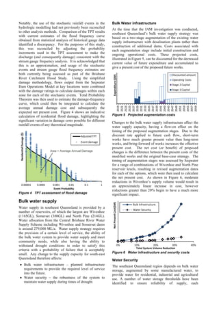 Notably, the use of the stochastic rainfall events in the
hydrologic modelling had not previously been reconciled
to other analysis methods. Comparison of the TPT results
with current estimates of the flood frequency curve
obtained from statistical analysis of historical gauge data
identified a discrepancy. For the purposes of this study,
this was reconciled by adjusting the probability
increments used in the TPT assessment to make the
discharge (and consequently damage) consistent with the
stream gauge frequency analysis. It is acknowledged that
this is an approximation, and usage of the stochastic
events and stream gauge flood frequency estimates are
both currently being assessed as part of the Brisbane
River Catchment Flood Study. Using the simplified
damage methodology, flows output from the Seqwater
Dam Operations Model at key locations were combined
with the damage ratings to calculate damages within each
zone for each of the stochastic events. Total Probability
Theorem was then used to estimate the damage-frequency
curve, which could then be integrated to calculate the
average annual damage cost and subsequently the
expected net present cost. Figure 4 shows an indicative
calculation of residential flood damage, highlighting the
significant variation in damage costs possible for different
rainfall events of any theoretical magnitude.
Figure 4 TPT assessment of flood damage
Bulk water supply
Water supply in southeast Queensland is provided by a
number of reservoirs, of which the largest are Wivenhoe
(1165GL), Somerset (380GL) and North Pine (214GL).
Water allocation from the Central Brisbane River Water
Supply Scheme including Wivenhoe and Somerset dams
is around 279,000 ML/a. Water supply strategy requires
the provision of a certain level of service, the ability of
the bulk water system to provide water supply and meet
community needs, while also having the ability to
withstand drought conditions in order to satisfy this
criteria with a probability of failure that is acceptably
small. Any change to the supply capacity for south-east
Queensland therefore affects:
 Bulk water infrastructure – planned infrastructure
requirements to provide the required level of service
into the future.
 Water security – the robustness of the system to
maintain water supply during times of drought.
Bulk Water infrastructure
At the time that the IAM investigation was conducted,
southeast Queensland’s bulk water supply strategy was
based on a two-stage augmentation of the existing water
supply infrastructure with desalination plants rather than
construction of additional dams. Costs associated with
each augmentation stage include initial construction and
ongoing operational costs. These projected costs,
illustrated in Figure 5, can be discounted for the decreased
current value of future expenditure and accumulated to
give a present cost of the proposed future works.
Figure 5 Projected augmentation costs
Changes to the bulk water supply infrastructure affect the
water supply capacity, having a flow-on effect on the
timing of the proposed augmentation stages. Due to the
discount rate applied to future cash flow, short-term
works have much greater present value than long-term
works, and bring-forward of works increases the effective
present cost. The net cost (or benefit) of proposed
changes is the difference between the present costs of the
modified works and the original base-case strategy. The
timing of augmentation stages was assessed by Seqwater
for a range of combinations of Wivenhoe and North Pine
reservoir levels, resulting in revised augmentation dates
for each of the options, which were then used to calculate
the net present cost. As shown in Figure 6, moderate
reductions in Wivenhoe’s supply volume would result in
an approximately linear increase in cost, however
reductions greater than 20% begin to have a much more
significant impact.
Figure 6 Water infrastructure and security costs
Water Security
The southeast Queensland region depends on bulk water
storage, augmented by some manufactured water, to
provide water for residential, industrial and agricultural
use. A number of water storage thresholds have been
identified to ensure reliability of supply, each
0.00001 0.0001 0.001 0.01 0.1 1
ResidentialDamage($)
Event Probabilty
Adjusted TPT
Event damage
2019
2021
2023
2025
2027
2029
2031
2033
2035
2037
2039
2041
2043
2045
2047
2049
2051
2053
2055
2057
2059
Expenditure($M)
Discounted amount
Operating Costs
Stage 2 Capital
Stage 1 Capital
0% 10% 20% 30% 40%
NetPresentCost($M)
Total System Volume Reduction
Bulk Infrastructure.
Water Security
Area = Average Annual Damage
 