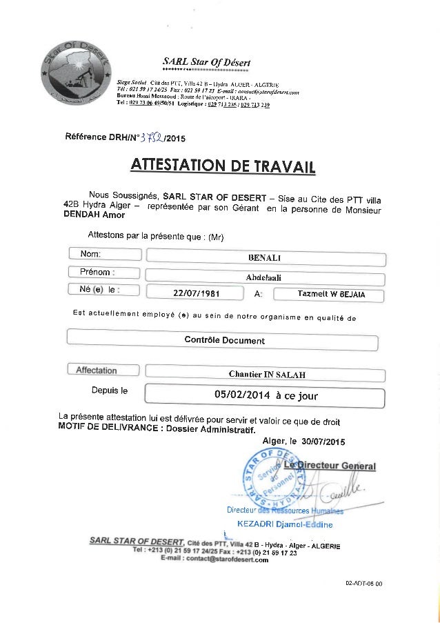 ATTESTATION DE TRAVAIL