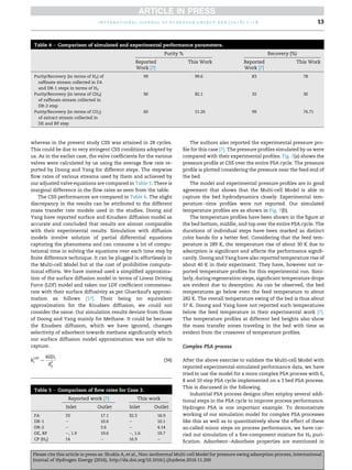 whereas in the present study CSS was attained in 28 cycles.
This could be due to very stringent CSS conditions adopted by
us. As in the earlier case, the valve coefﬁcients for the various
valves were calculated by us using the average ﬂow rate re-
ported by Doong and Yang for different steps. The stepwise
ﬂow rates of various streams used by them and achieved by
our adjusted valve equations are compared in Table 5. There is
marginal difference in the ﬂow rates as seen from the table.
The CSS performances are compared in Table 6. The slight
discrepancy in the results can be attributed to the different
mass transfer rate models used in the studies. Doong and
Yang have reported surface and Knudsen diffusion model as
accurate and concluded that results are almost comparable
with their experimental results. Simulation with diffusion
models involve solution of partial differential equations
capturing the phenomena and can consume a lot of compu-
tational time in solving the equations over each time step by
ﬁnite difference technique. It can be plugged in effortlessly in
the Multi-cell Model but at the cost of prohibitive computa-
tional efforts. We have instead used a simpliﬁed approxima-
tion of the surface diffusion model in terms of Linear Driving
Force (LDF) model and taken our LDF coefﬁcient commensu-
rate with their surface diffusivity as per Glueckauf's approxi-
mation as follows [17]. Their being no equivalent
approximation for the Knudsen diffusion, we could not
consider the same. Our simulation results deviate from those
of Doong and Yang mainly for Methane. It could be because
the Knudsen diffusion, which we have ignored, changes
selectivity of adsorbent towards methane signiﬁcantly which
our surface diffusion model approximation was not able to
capture.
k
LDF
i ¼
60Di
d
2
p
(34)
The authors also reported the experimental pressure pro-
ﬁle for this case [7]. The pressure proﬁles simulated by us were
compared with their experimental proﬁles. Fig. 7(a) shows the
pressure proﬁle at CSS over the entire PSA cycle. The pressure
proﬁle is plotted considering the pressure near the feed end of
the bed.
The model and experimental pressure proﬁles are in good
agreement that shows that the Multi-cell Model is able to
capture the bed hydrodynamics closely. Experimental tem-
peratureetime proﬁles were not reported. Our simulated
temperature proﬁles are as shown in Fig. 7(b).
The temperature proﬁles have been shown in the ﬁgure at
the bed bottom, middle, and top over the entire PSA cycle. The
durations of individual steps have been marked as distinct
color bands for a better feel. Considering that the feed tem-
perature is 289 K, the temperature rise of about 30 K due to
adsorption is signiﬁcant and affects the performance signiﬁ-
cantly. Doong and Yang have also reported temperature rise of
about 40 K in their experiment. They have, however not re-
ported temperature proﬁles for this experimental run. Simi-
larly, during regeneration steps, signiﬁcant temperature drops
are evident due to desorption. As can be observed, the bed
temperatures go below even the feed temperature to about
282 K. The overall temperature swing of the bed is thus about
37 K. Doong and Yang have not reported such temperatures
below the feed temperature in their experimental work [7].
The temperature proﬁles at different bed heights also show
the mass transfer zones traveling in the bed with time as
evident from the crossover of temperature proﬁles.
Complex PSA process
After the above exercise to validate the Multi-cell Model with
reported experimental-simulated performance data, we have
tried to use the model for a more complex PSA process with 6,
8 and 10 step PSA cycle implemented on a 3 bed PSA process.
This is discussed in the following.
Industrial PSA process designs often employ several addi-
tional steps in the PSA cycle to improve process performance.
Hydrogen PSA is one important example. To demonstrate
working of our simulation model for complex PSA processes
like this as well as to quantitatively show the effect of these
so-called minor steps on process performance, we have car-
ried out simulation of a ﬁve-component mixture for H2 puri-
ﬁcation. AdsorbenteAdsorbate properties are mentioned in
Table 5 e Comparison of ﬂow rates for Case 3.
Reported work [7] This work
Inlet Outlet Inlet Outlet
FA 33 17.1 32.3 16.9
DR-1 e 10.6 e 10.1
DR-2 e 3.6 e 4.14
DE, RP e, 1.9 19.6 e, 1.6 19.7
CP (H2) 14 e 16.9 e
Table 4 e Comparison of simulated and experimental performance parameters.
Purity % Recovery (%)
Reported
Work [7]
This Work Reported
Work [7]
This Work
Purity/Recovery (in terms of H2) of
rafﬁnate stream collected in FA
and DR-1 steps in terms of H2
99 99.6 83 78
Purity/Recovery (in terms of CH4)
of rafﬁnate stream collected in
DR-2 step
90 82.1 32 30
Purity/Recovery (in terms of CO2)
of extract stream collected in
DE and RP step
60 51.26 99 76.71
i n t e r n a t i o n a l j o u r n a l o f h y d r o g e n e n e r g y x x x ( 2 0 1 6 ) 1 e1 8 13
Please cite this article in press as: Shukla A, et al., Non-isothermal Multi-cell Model for pressure swing adsorption process, International
Journal of Hydrogen Energy (2016), http://dx.doi.org/10.1016/j.ijhydene.2016.11.200
 