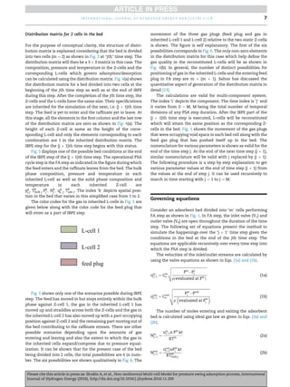 Distribution matrix for 2 cells in the bed
For the purpose of conceptual clarity, the structure of distri-
bution matrix is explained considering that the bed is divided
into two cells (m ¼ 2) as shown in Fig. 3 at “jth” time step. The
distribution matrix will then be a 3 Â 3 matrix in this case. The
composition, pressure and temperature in the Z-cells and the
corresponding L-cells which govern adsorption/desorption
can be calculated using the distribution matrix. Fig. 4(a) shows
the distribution matrix for a bed divided into two cells at the
beginning of the jth time step as well as at the end of IBPE
during this step. After the completion of the jth time step, the
Z-cells and the L-cells have the same size. Their speciﬁcations
are inherited for the simulation of the next, i.e. (j þ 1)th time
step. The feed is yet to enter and the rafﬁnate yet to leave. At
this stage, all the elements in the ﬁrst column and the last row
of the distribution matrix are zero as shown in Fig. 4(a). The
height of each Z-cell is same as the height of the corre-
sponding L-cell and only the elements corresponding to each
combination are 1 in the inherited distribution matrix. The
IBPE step for the (j þ 1)th time step begins with this status.
Fig. 5 displays one of the possible bed conditions at the end
of the IBPE step of the (j þ 1)th time step. The operational PSA
cycle step is the FA step as indicated in the ﬁgure during which
the feed enters and the rafﬁnate leaves from the bed. The bulk
phase composition, pressure and temperature in each
inherited L-cell as well as the solid phase composition and
temperature in each inherited Z-cell are
yk
i;j; Tk
bulk j Pk
j ; Nk
j ; qk
i; j; Tk
ads j. The index ‘k’ depicts spatial posi-
tion in the bed that varies in this simpliﬁed case from 1 to 2.
The color codes for the gas in inherited L-cells in Fig. 5 are
given below along with the color code for the feed plug that
will enter as a part of IBPE step.
Fig. 5 shows only one of the scenarios possible during IBPE
step. The feed has moved in but stays entirely within the bulk
phase against Z-cell 1, the gas in the inherited L-cell 1 has
moved up and straddles across both the Z-cells and the gas in
the inherited L-cell 2 has also moved up with a part occupying
position against Z-cell 2 and the remaining part moving out of
the bed contributing to the rafﬁnate stream. There are other
possible scenarios depending upon the amounts of gas
entering and leaving and also the extent to which the gas in
the inherited cells expand/compress due to pressure equal-
ization. It can be shown that for the present case of the bed
being divided into 2 cells, the total possibilities are 6 in num-
ber. The six possibilities are shown qualitatively in Fig. 6. The
movement of the three gas plugs (feed plug and gas in
inherited L-cell 1 and L-cell 2) relative to the two static Z-cells
is shown. The ﬁgure is self explanatory. The ﬁrst of the six
possibilities corresponds to Fig. 6. The only non-zero elements
in the distribution matrix for this case which help deﬁne the
gas quality in the reconstituted L-cells will be as shown in
Fig. 4(b). In general, the number of distinct possibilities for
positioning of gas in the inherited L-cells and the entering feed
plug in FA step are m Â (m þ 1). Sahoo has discussed the
quantitative aspect of generation of the distribution matrix in
detail [13].
The calculations are valid for multi-component system.
The index ‘i’ depicts the component. The time index is ‘j’ and
it varies from 0 e M, M being the total number of temporal
divisions of any PSA step duration. After the IBPE part of the
(j þ 1)th time step is executed, L-cells will be reconstituted
which will attain the same position as the corresponding Z-
cells in the bed. Fig. 5 shows the movement of the gas plugs
that were occupying void space in each bed cell along with the
feed gas plug that has pushed itself up in the bed. The
nomenclature for various parameters is shown as valid for the
end of the time step j. At the end of the next time step (j þ 1),
similar nomenclature will be valid with j replaced by (j þ 1).
The following procedure is a step by step explanation to get
various parameter values at the end of time step (j þ 1) from
the values at the end of step j. It can be used recursively to
march in time starting with j ¼ 1 to j ¼ M.
Governing equations
Consider an adsorbent bed divided into ‘m’ cells performing
FA step as shown in Fig. 1. In FA step, the inlet valve (V1) and
outlet valve (V4) are open throughout the duration of the time
step. The following set of equations present the method to
simulate the happenings over the ‘j þ 1’ time step given the
conditions in the bed at the end of the jth time step. The
equations are applicable recursively over every time step into
which the PSA step is divided.
The velocities of the inlet/outlet streams are calculated by
using the valve equations as shown in Eqs. (1a) and (1b).
uin
jþ1 ¼ Cin
v
ﬃﬃﬃﬃﬃﬃﬃﬃﬃﬃﬃﬃﬃﬃﬃﬃﬃﬃﬃﬃﬃﬃﬃﬃﬃﬃﬃﬃﬃﬃﬃﬃﬃﬃﬃﬃﬃﬃﬃﬃﬃﬃﬃﬃ
Pin
ÀP1
j
rðevaluated at Pin
Þ
v
u
u
t (1a)
uout
jþ1 ¼ Cout
v
ﬃﬃﬃﬃﬃﬃﬃﬃﬃﬃﬃﬃﬃﬃﬃﬃﬃﬃﬃﬃﬃﬃﬃﬃﬃﬃﬃﬃﬃﬃﬃﬃﬃﬃﬃﬃﬃﬃﬃﬃﬃﬃﬃﬃﬃﬃ
Pm
j ÀPout
r

evaluated at P
m
j

v
u
u
u
t (1b)
The number of moles entering and exiting the adsorbent
bed is calculated using ideal gas law as given in Eqs. (2a) and
(2b).
Nin
jþ1 ¼
uin
jþ1f Pin
Dt
RTin
(2a)
Nout
jþ1 ¼
uout
jþ1fPm
j Dt
RTm
bulk;j
(2b)
L-cell 1
L-cell 2
feed plug
i n t e r n a t i o n a l j o u r n a l o f h y d r o g e n e n e r g y x x x ( 2 0 1 6 ) 1 e1 8 7
Please cite this article in press as: Shukla A, et al., Non-isothermal Multi-cell Model for pressure swing adsorption process, International
Journal of Hydrogen Energy (2016), http://dx.doi.org/10.1016/j.ijhydene.2016.11.200
 