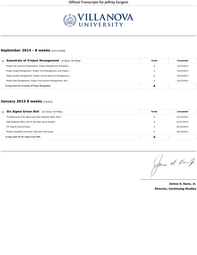 Villanova University Transcripts PDF