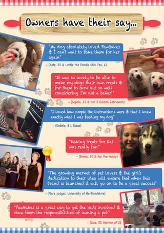 ᰠ䴀礀 搀漀最 愀戀猀漀氀甀琀攀氀礀 氀漀瘀攀搀 倀愀眀䈀愀欀攀猀 
☀ 䤀 挀愀渀ᤠ琀 眀愀椀琀 琀漀 戀愀欀攀 琀栀攀洀 昀漀爀 栀攀爀 
愀最愀椀渀ᴠ 
ⴀ ⠀䬀愀琀攀Ⰰ ㈀㔀 ☀ 䰀漀琀琀椀攀 琀栀攀 倀漀漀搀氀攀 匀栀椀栀 吀稀甀Ⰰ 㐀⤀
ᰠ䤀 氀漀瘀攀搀 栀漀眀 猀椀洀瀀氀攀 琀栀攀 椀渀猀琀爀甀挀琀椀漀渀猀 眀攀爀攀 ☀ 琀栀愀琀 䤀 欀渀攀眀 
攀砀愀挀琀氀礀 眀栀愀琀 䤀 眀愀猀 昀攀攀搀椀渀最 洀礀 搀漀最ᴠ 
ⴀ ⠀䐀攀戀戀椀攀Ⰰ 㔀㄀Ⰰ 䔀猀猀攀砀⤀
ᰠ䤀琀 眀愀猀 猀漀 氀漀瘀攀氀礀 琀漀 戀攀 愀戀氀攀 琀漀 
洀愀欀攀 洀礀 搀漀最猀 琀栀攀椀爀 漀眀渀 琀爀攀愀琀猀 ☀ 
昀漀爀 琀栀攀洀 琀漀 琀甀爀渀 漀甀琀 猀漀 眀攀氀氀 
挀漀渀猀椀搀攀爀椀渀最 䤀ᤠ洀 渀漀琀 愀 戀愀欀攀爀℀ᴠ 
ⴀ ⠀匀漀瀀栀椀攀Ⰰ ㈀㄀ ☀ 栀攀爀 ㈀ 䜀漀氀搀攀渀 刀攀琀爀椀攀瘀攀爀猀⤀ 
伀眀渀攀爀猀 栀愀瘀攀 琀栀攀椀爀 猀愀礀⸀⸀⸀
ᰠ吀栀攀 最爀漀眀椀渀最 洀愀爀欀攀琀 漀昀 瀀攀琀 氀漀瘀攀爀猀 ☀ 琀栀攀 最椀爀氀ᤠ猀 
搀攀搀椀挀愀琀椀漀渀 琀漀 琀栀攀椀爀 椀搀攀愀 眀椀氀氀 攀渀猀甀爀攀 琀栀愀琀 眀栀攀渀 琀栀椀猀 
戀爀愀渀搀 椀猀 氀愀甀渀挀栀攀搀 椀琀 眀椀氀氀 最漀 漀渀 琀漀 戀攀 愀 最爀攀愀琀 猀甀挀挀攀猀猀ᴠ 
ⴀ ⠀䘀氀愀爀攀 樀甀搀最攀猀Ⰰ 唀渀椀瘀攀爀猀椀琀礀 漀昀 䠀攀爀琀昀漀爀搀猀栀椀爀攀⤀
ⴀ ⠀䔀洀洀愀Ⰰ ㄀　 ☀ 䬀愀椀 琀栀攀 䠀甀猀欀礀⤀
ᰠ䴀愀欀椀渀最 琀爀攀愀琀猀 昀漀爀 䬀愀椀 
眀愀猀 爀攀愀氀氀礀 昀甀渀ᴠ 
ⴀ ⠀䰀椀猀愀Ⰰ ㌀㜀Ⰰ 䴀漀琀栀攀爀 漀昀 ㈀⤀ 
ᰠ倀愀眀䈀愀欀攀猀 椀猀 愀 最爀攀愀琀 眀愀礀 琀漀 最攀琀 琀栀攀 欀椀搀猀 椀渀瘀漀氀瘀攀搀 ☀ 
猀栀漀眀 琀栀攀洀 琀栀攀 爀攀猀瀀漀渀猀椀戀椀氀椀琀椀攀猀 漀昀 漀眀渀椀渀最 愀 瀀攀琀ᴠ 
 