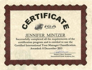Jennifer Mintzer Certificate in International Tour Management