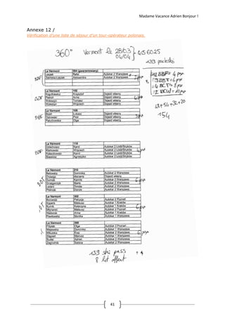 Madame Vacance Adrien Bonjour !
41
Annexe 12 /
Vérification d’une liste de séjour d’un tour-opérateur polonais.
 