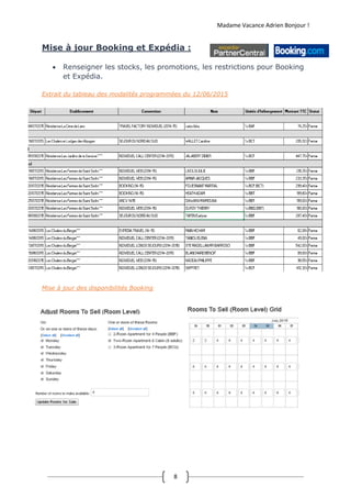 Madame Vacance Adrien Bonjour !
8
Mise à jour Booking et Expédia :
 Renseigner les stocks, les promotions, les restrictions pour Booking
et Expédia.
Extrait du tableau des modalités programmées du 12/06/2015
Mise à jour des disponibilités Booking
 