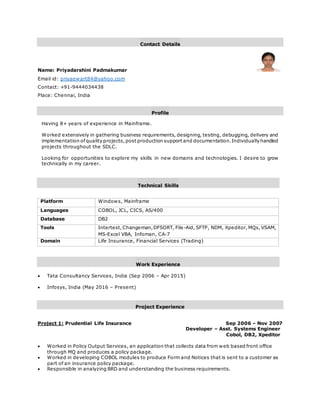 Contact Details
Name: Priyadarshini Padmakumar
Email id: priyaewart84@yahoo.com
Contact: +91-9444034438
Place: Chennai, India
Profile
Having 8+ years of experience in Mainframe.
Worked extensively in gathering business requirements, designing, testing, debugging, delivery and
implementation ofquality projects,post production support and documentation.Individually handled
projects throughout the SDLC.
Looking for opportunities to explore my skills in new domains and technologies. I desire to grow
technically in my career.
Technical Skills
Platform Windows, Mainframe
Languages COBOL, JCL, CICS, AS/400
Database DB2
Tools Intertest,Changeman,DFSORT, File-Aid, SFTP, NDM, Xpeditor,MQs,VSAM,
MS-Excel VBA, Infoman, CA-7
Domain Life Insurance, Financial Services (Trading)
Work Experience
 Tata Consultancy Services, India (Sep 2006 – Apr 2015)
 Infosys, India (May 2016 – Present)
Project Experience
Project 1: Prudential Life Insurance Sep 2006 – Nov 2007
Developer – Asst. Systems Engineer
Cobol, DB2, Xpeditor
 Worked in Policy Output Services, an application that collects data from web based front office
through MQ and produces a policy package.
 Worked in developing COBOL modules to produce Form and Notices that is sent to a customer as
part of an insurance policy package.
 Responsible in analyzing BRD and understanding the business requirements.
 
