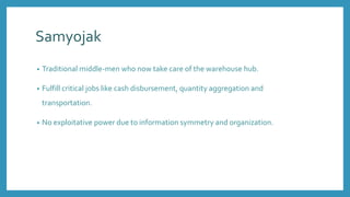Samyojak
• Traditional middle-men who now take care of the warehouse hub.
• Fulfill critical jobs like cash disbursement, quantity aggregation and
transportation.
• No exploitative power due to information symmetry and organization.
 