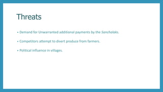 Threats
• Demand for Unwarranted additional payments by the Sanchalaks.
• Competitors attempt to divert produce from farmers.
• Political influence in villages.
 