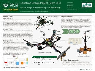 Capstone Design Project: Team UFO
Russ College of Engineering and Technology
School of Electrical Engineering and Computer Science (EECS)
Adam Schultz
Adam Farwick
Huafeng Liu
Matt Levine
Adviser : Dr. Jim Zhu
Project Goal:
What is the UFO?
The UFO project has been an ongoing senior design project with the
purpose of implementing, testing, and verifying the operation of an
autopilot system known as trajectory linearization control (TLC). While
the TLC autopilot has been verified through simulations, this project is
tasked with real-world verification in a tangible object. This development
of a navigation and guidance system for a field deploy-able unmanned
aerial vehicle (UAV) capable of vertical takeoff and landing (VTOL) will
occur on a tricopter.
How does it work?
The TLC autopilot algorithms are written and then programmed to the
on-board flight computer. Upon initialization of the program, a platform
on the hardware-in-the-loop (HITL) testing stand directly supporting the
UFO will drop down to simulate the ground effect of vertical take-off.
With increasing thrust from the motors, the UFO will create a force which
is read by the JR3 load cell on the HITL platform. This translational data
will be sent back to the UFO. The HiQ can then use this feedback to adjust
and correct for any undesired changes.
Background:
When the 2013-2014 design team began work on
The UFO, there were several underlying problems that
were holding back completion of the final flight testing.
The frame designed for the UFO in 2006 had undergone
numerous cosmetic and structural changes over the years to
support additional subsystems and modifications. Upon testing
the flight capabilities in 2013, it was determined that the frame
was not rigid enough for further testing. When the thrust of the
three main propellers reached about 90% of its maximum, the
frame would begin to vibrate and distort, and soon these
oscillations would cause loss of control of the UFO.
Improvements:
In order to continue progress on the UFO, it was decided that a new frame
would have to be designed and fabricated to support the latest needs of
the project. The new frame was designed to carry an on-board flight
computer, with space for multiple sensors and motors. For this, a Y-shape
frame was chosen, with the three main motors being equally spaced from
one another. An additional arm was installed to support two fans to control
yaw motion for the future development of 6 degrees of freedom. To meet
weight requirements, the material chosen for construction was carbon
fiber, with aluminum motor mounts where needed.
Future Development:
With the frame fabrication completed, the team can now focus on other issues
hindering flight status. An issue that will need to be resolved is a timeout
encountered when transmitting data to the UFO computer via RS-232 wireless
communication protocols. Furthermore, tuning will be underway soon to calibrate
the UFO for the new frame.
TLC autopilot implementation in Simulink
2006 – 2013 UFO Frame
2014 UFO Frame (New)
HITL Testing Platform
(with improved landing platform)
HI-Q Control
Computer
Horizontal Fan and
Yaw control
Vertical and
Suitability
Control Motor
LIPO Battery
JR3 Load Cell
3 DOF Tuning
(in progress)
JR3 load cell
data
into HI-Q
6 DOF
Trajectory
Control
JR3 Output
Wifi Antenna
 