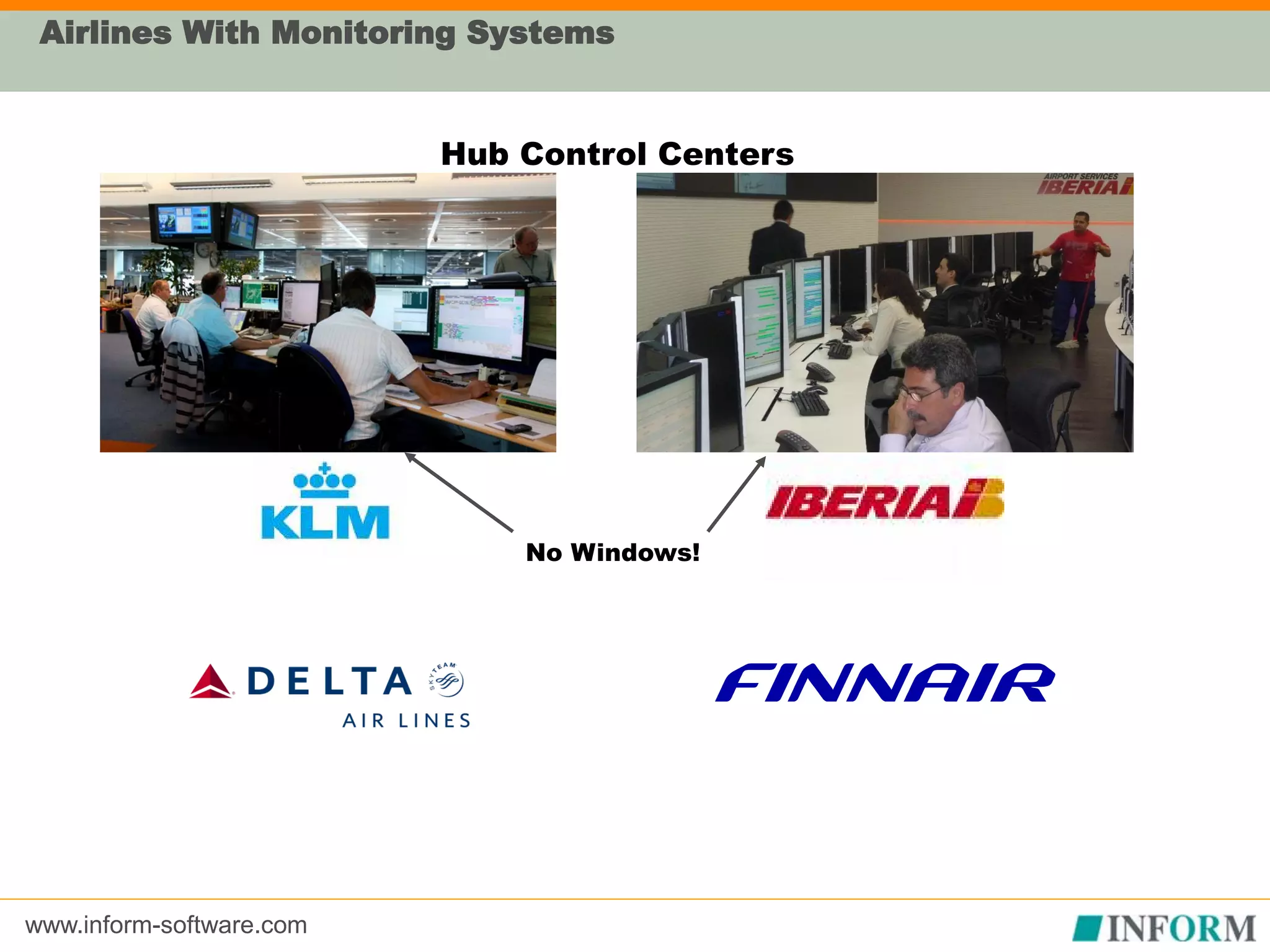 www.inform-software.com
Airlines With Monitoring Systems
Hub Control Centers
No Windows!
 