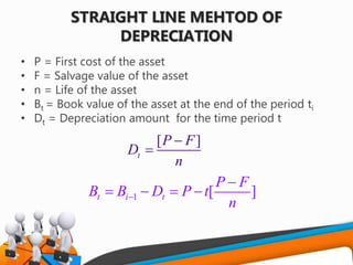 STRAIGHT LINE MEHTOD OF
DEPRECIATION
• P = First cost of the asset
• F = Salvage value of the asset
• n = Life of the asset
• Bt = Book value of the asset at the end of the period ti
• Dt = Depreciation amount for the time period t
1 [ ]t i t
P F
B B D P t
n


   
[ ]
t
P F
D
n


 