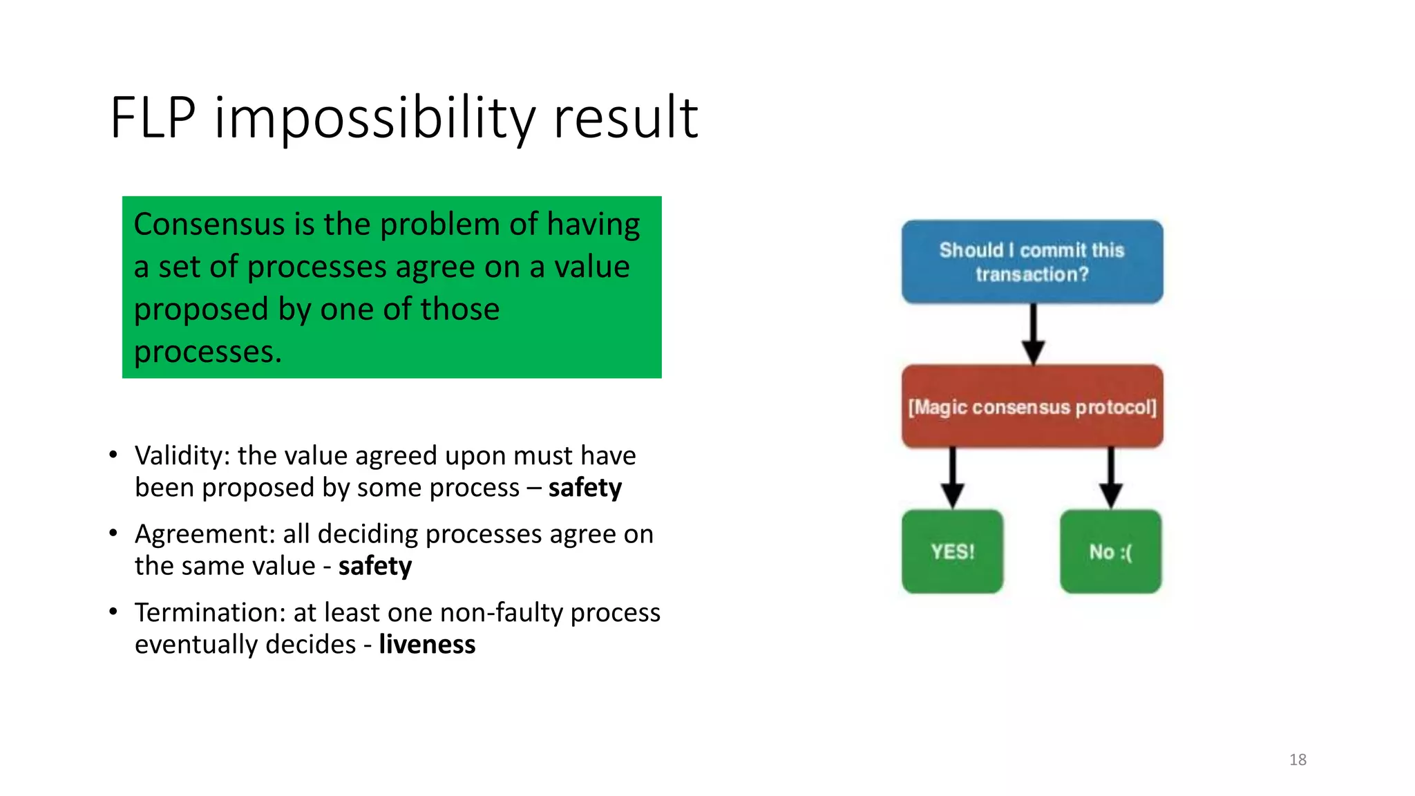 FLP impossibility result
• Validity: the value agreed upon must have
been proposed by some process – safety
• Agreement: all deciding processes agree on
the same value - safety
• Termination: at least one non-faulty process
eventually decides - liveness
Consensus is the problem of having
a set of processes agree on a value
proposed by one of those
processes.
18
 