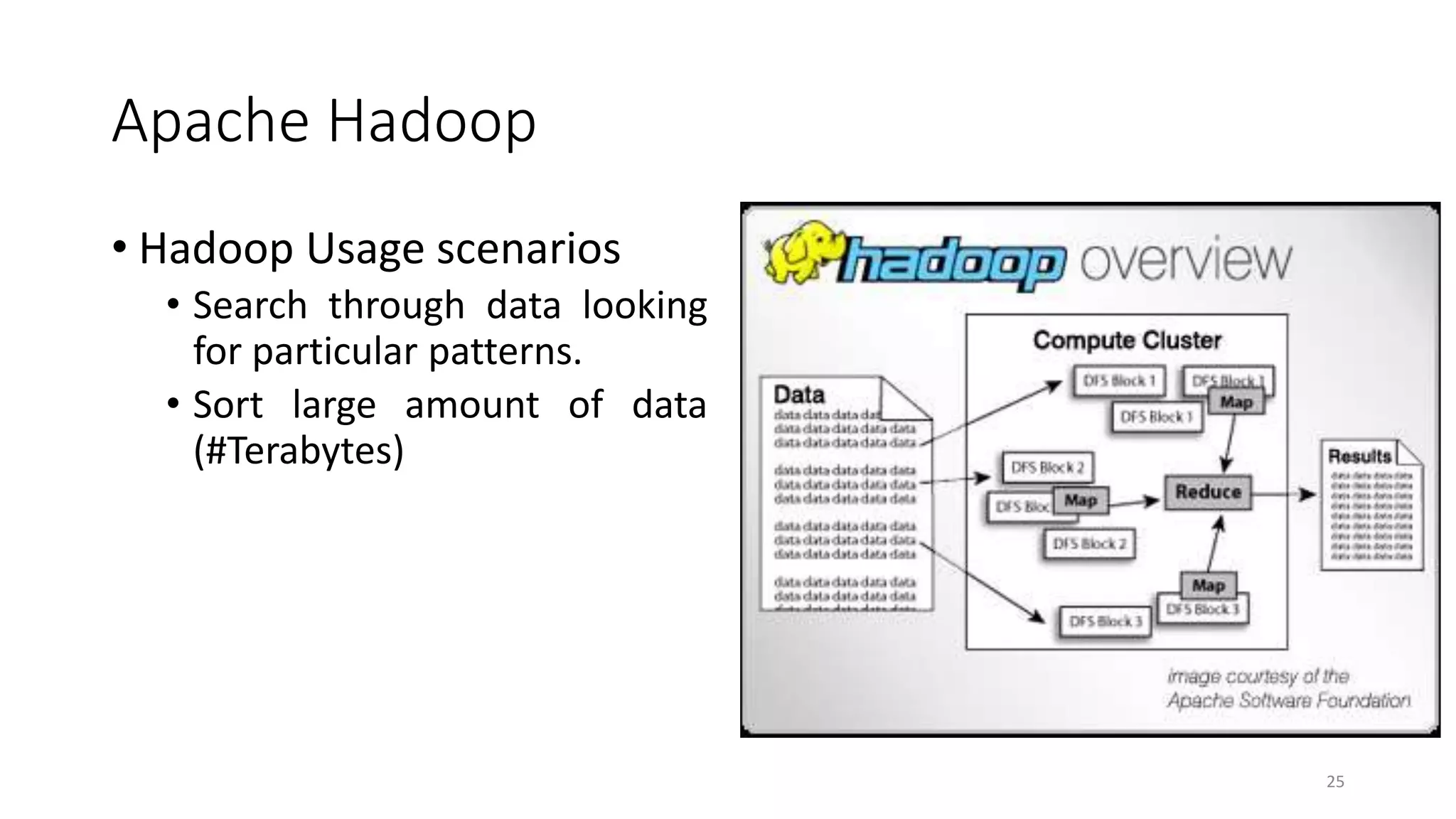 Apache Hadoop
• Hadoop Usage scenarios
• Search through data looking
for particular patterns.
• Sort large amount of data
(#Terabytes)
25
 