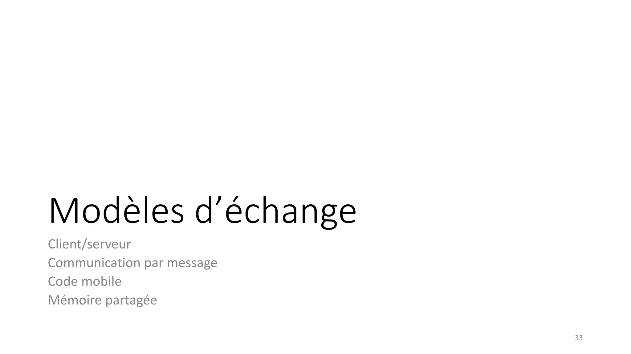 Modèles d’échange
Client/serveur
Communication par message
Code mobile
Mémoire partagée
33
 