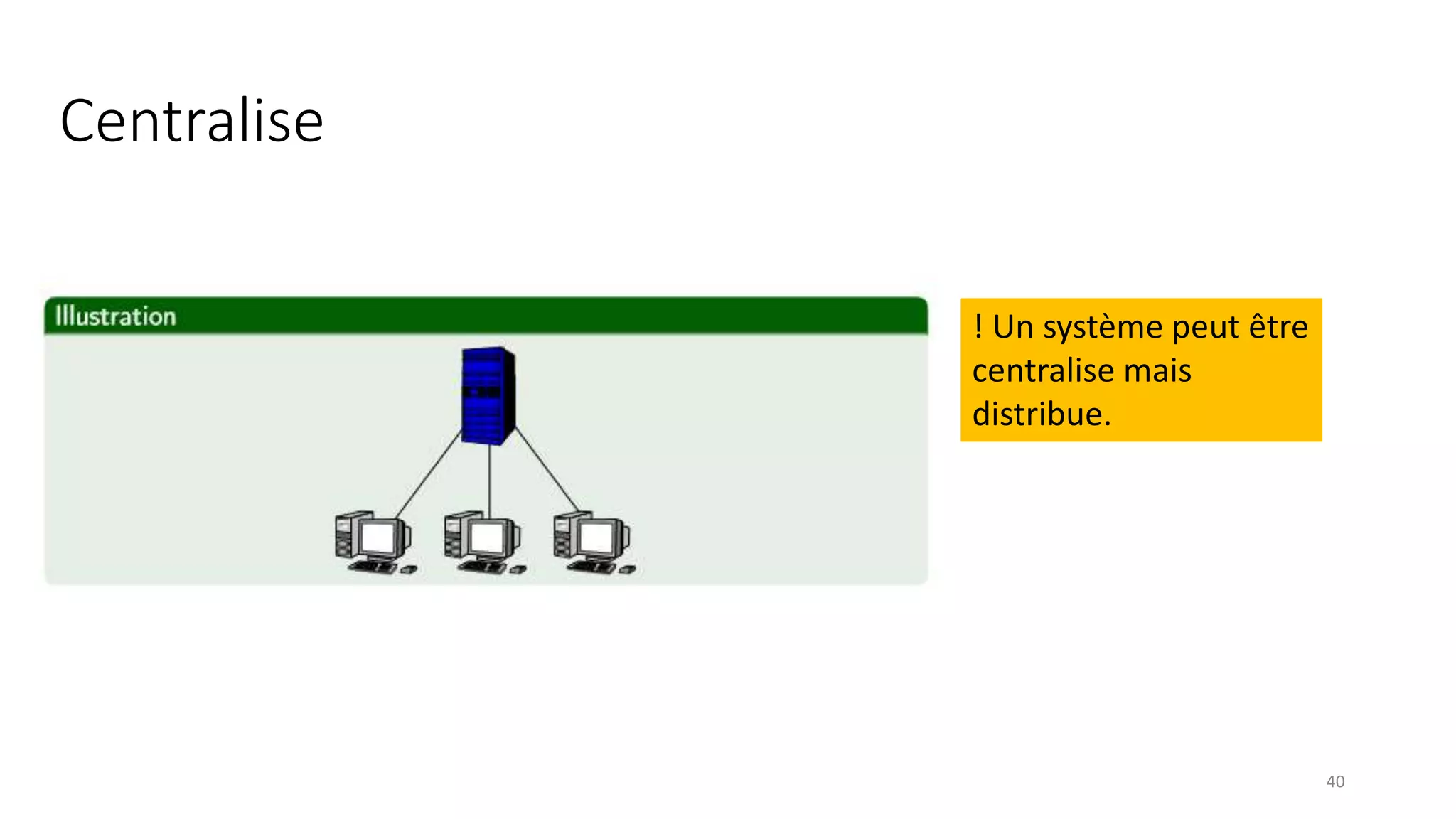 Centralise
40
! Un système peut être
centralise mais
distribue.
 