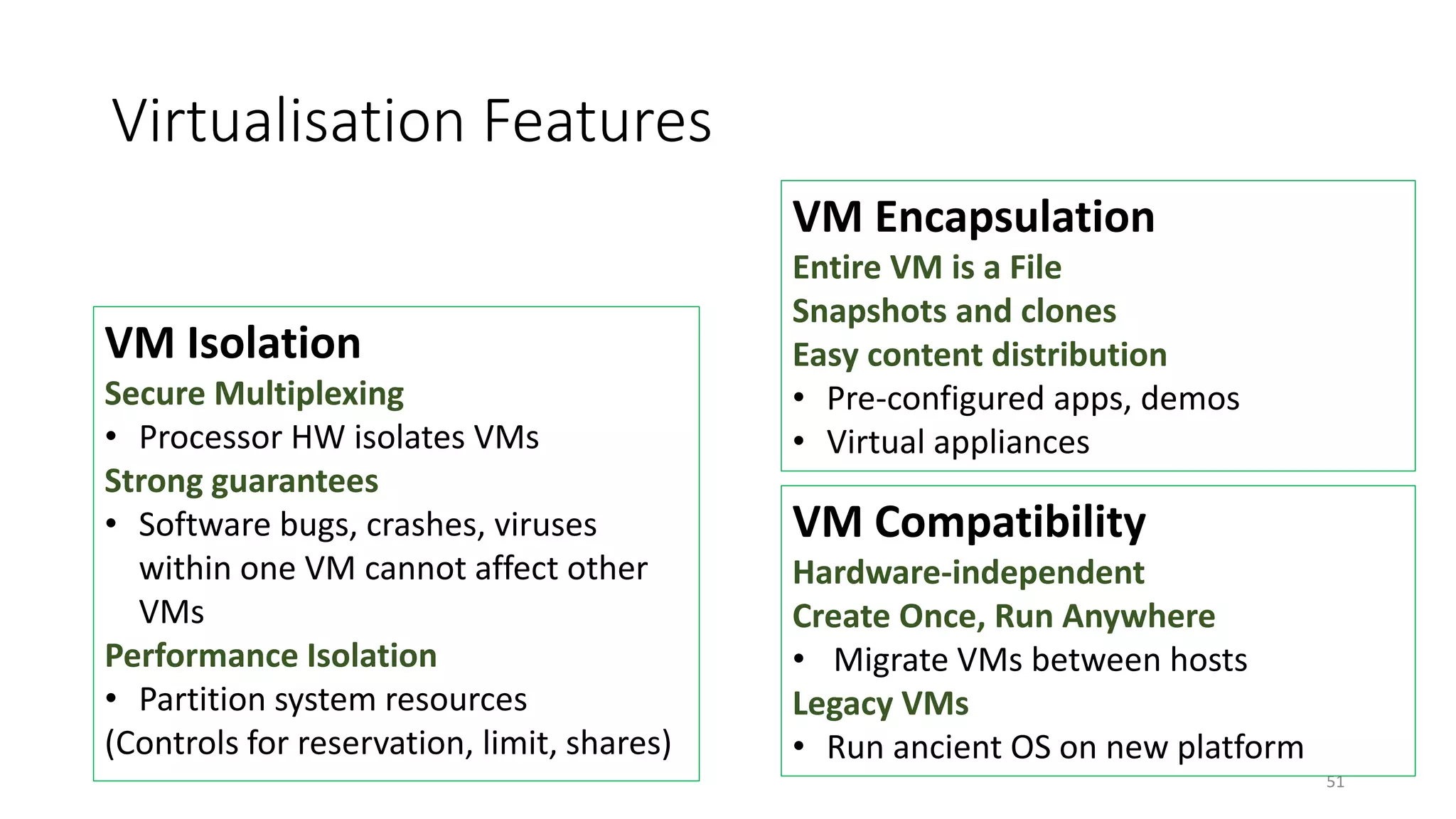 Virtualisation Features
51
VM Isolation
Secure Multiplexing
• Processor HW isolates VMs
Strong guarantees
• Software bugs, crashes, viruses
within one VM cannot affect other
VMs
Performance Isolation
• Partition system resources
(Controls for reservation, limit, shares)
VM Encapsulation
Entire VM is a File
Snapshots and clones
Easy content distribution
• Pre-configured apps, demos
• Virtual appliances
VM Compatibility
Hardware-independent
Create Once, Run Anywhere
• Migrate VMs between hosts
Legacy VMs
• Run ancient OS on new platform
 