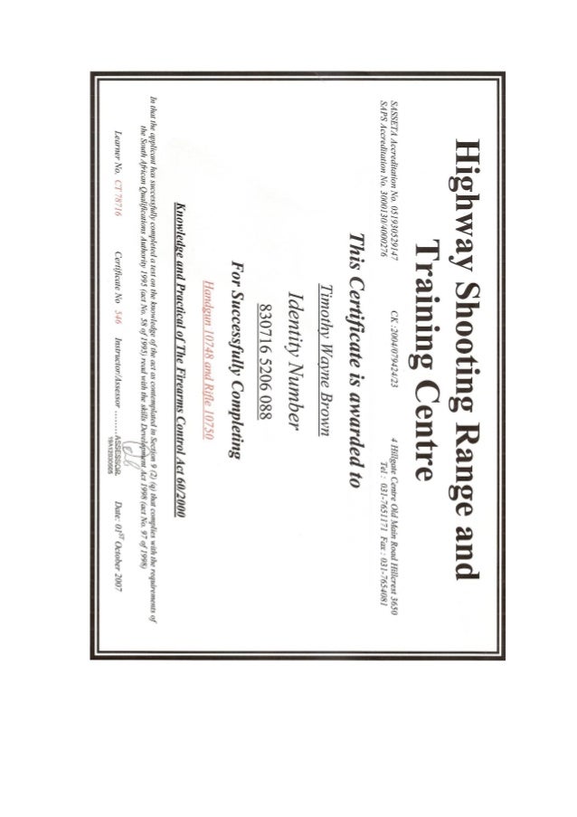 Certificate for Hand gun and Rifle competence course