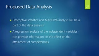 Proposed Data Analysis
 Descriptive statistics and MANOVA analysis will be a
part of the data analysis.
 A regression analysis of the independent variables
can provide information on the effect on the
attainment of competencies.
21
 