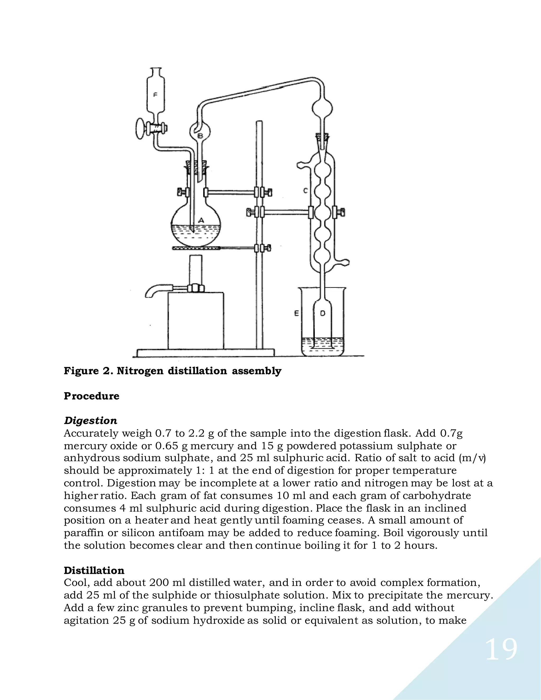 19
Figure 2. Nitrogen distillation assembly
Procedure
Digestion
Accurately weigh 0.7 to 2.2 g of the sample into the digestion flask. Add 0.7g
mercury oxide or 0.65 g mercury and 15 g powdered potassium sulphate or
anhydrous sodium sulphate, and 25 ml sulphuric acid. Ratio of salt to acid (m/v)
should be approximately 1: 1 at the end of digestion for proper temperature
control. Digestion may be incomplete at a lower ratio and nitrogen may be lost at a
higher ratio. Each gram of fat consumes 10 ml and each gram of carbohydrate
consumes 4 ml sulphuric acid during digestion. Place the flask in an inclined
position on a heater and heat gently until foaming ceases. A small amount of
paraffin or silicon antifoam may be added to reduce foaming. Boil vigorously until
the solution becomes clear and then continue boiling it for 1 to 2 hours.
Distillation
Cool, add about 200 ml distilled water, and in order to avoid complex formation,
add 25 ml of the sulphide or thiosulphate solution. Mix to precipitate the mercury.
Add a few zinc granules to prevent bumping, incline flask, and add without
agitation 25 g of sodium hydroxide as solid or equivalent as solution, to make
 