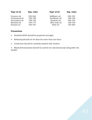 43
Type of oil Sap. value Type of oil Sap. value
Coconut oil 250-264 Safflower oil 189-195
Cottonseed oil 190-198 Sunflower oil 188-194
Groundnut oil 188-195 Soybean oil 189-195
Mustard oil 169-177 Rice bran oil 180-195
Sesame oil 188-193 Palm oil 195-205
Precautions

Alcoholic KOH should be prepared overnight.

Refluxing should not be done for more than one hour.

Condenser should be carefully washed with alcohol.

Blank determination should be carried out simultaneously along with the
sample.
 