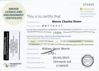DRIVER
TICENCE AND
ENDORSEMENT
CERT!FICATE
57 4949
This certrficate is
not a driver licence
or endorsementThis is to certify that
Candidate ful name Morris Charles Hume
Dilve1llcencen9mbe1 B R 7 7 6 4 3 7
having been assessed as competent in Unit Standards number(s)i (complete if applicable)
L7576
has met the training criteria for the following courses:
(delete as appropriate leaving only completed courses)
4
@
N
--9 ! ru
SEil i:Ev'o-: o
c=;Kf,<
,,, i P,[-o 6li
El; $oHIEI <:W^r L.-
El:iEBEr!
'Pal*€!q0.6d:5
@ -o G .!
p:r Ei
o
e
I
NZTA couise O1ovldq1 nqme
NZTA course provider number
20l04/2ots
Drivetech Ltd
c 1 50425
r€,
3l
5t,.
 TRANSPORT
9 nss,xsv
 
